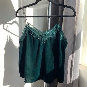 J.O.A. Lace Trim Velvet Cami - Dark Green - S